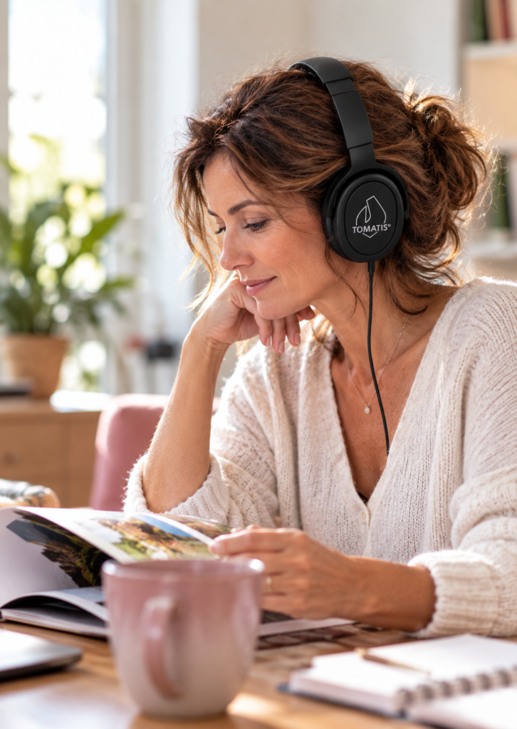 Femme écoutant avec un casque Tomatis® tout en lisant